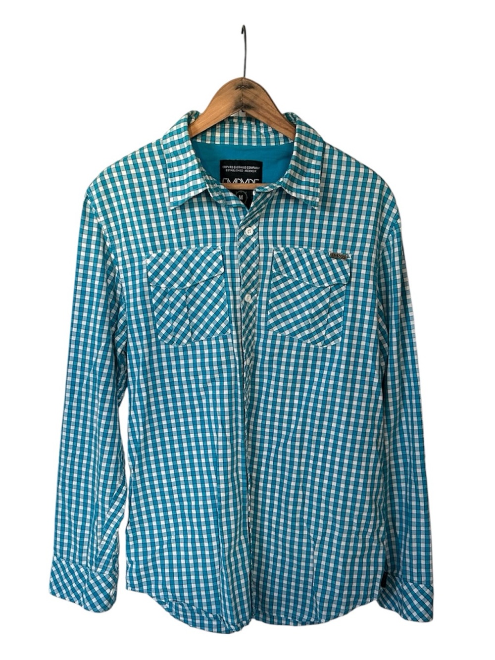 Empyre | Men’s Teal Blue/White Checkered Button Front Long Sleeve Shirt Size M